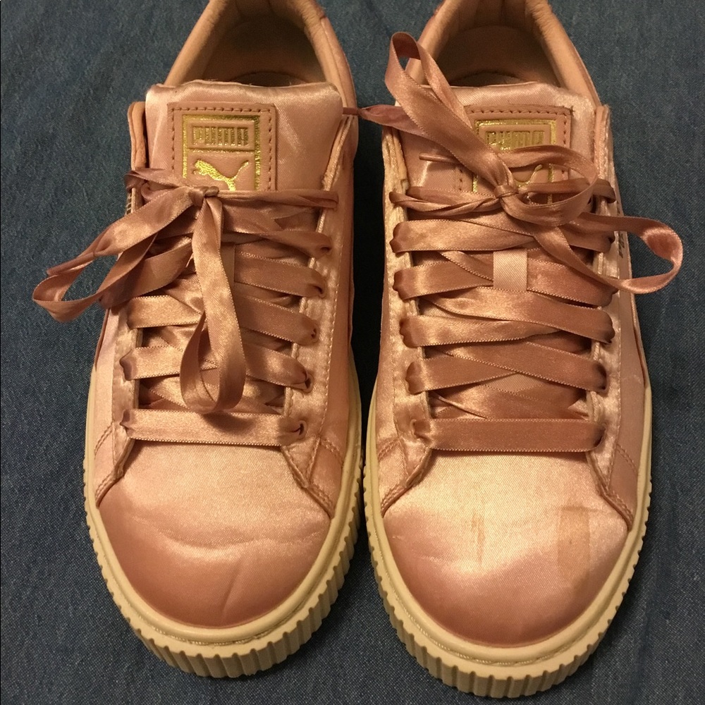 Silver, Pink, Gold - Whisp White Basket Platform Satin Puma Sneakers Size 7